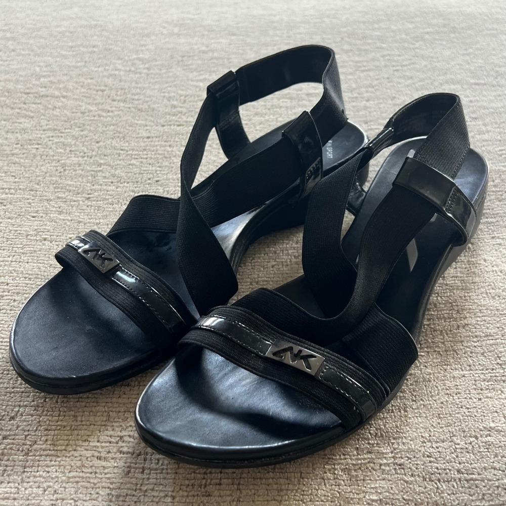 Anne Klein Sport‎ Kindheart Black Elastic Wedge Slingback Sandals Womens 8.5 M